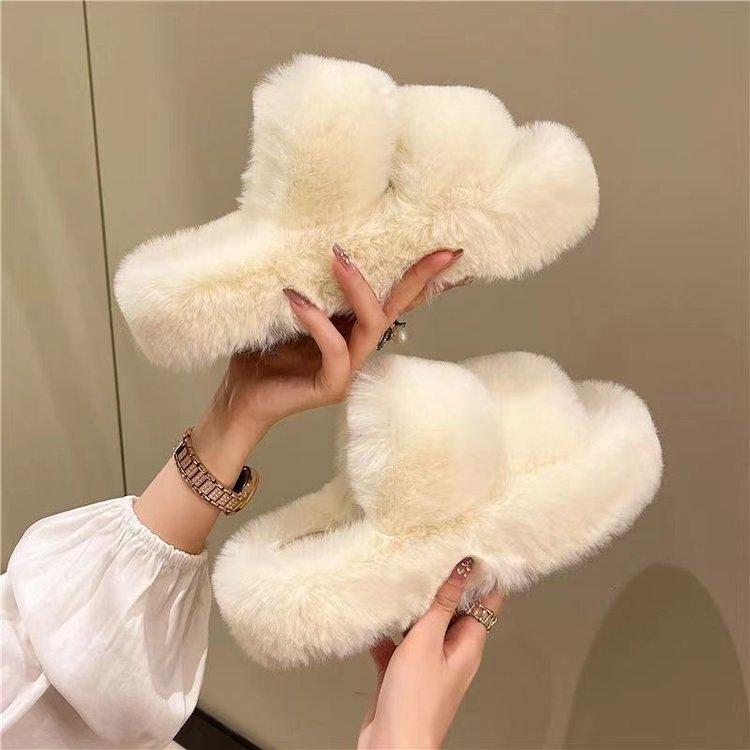 Muffin Thick-soled Fluffy Slippers 2025 Autumn and Winter New Outer Wear Heightening Soft-soled Home Household Cross-haired Drag Women's Shoes