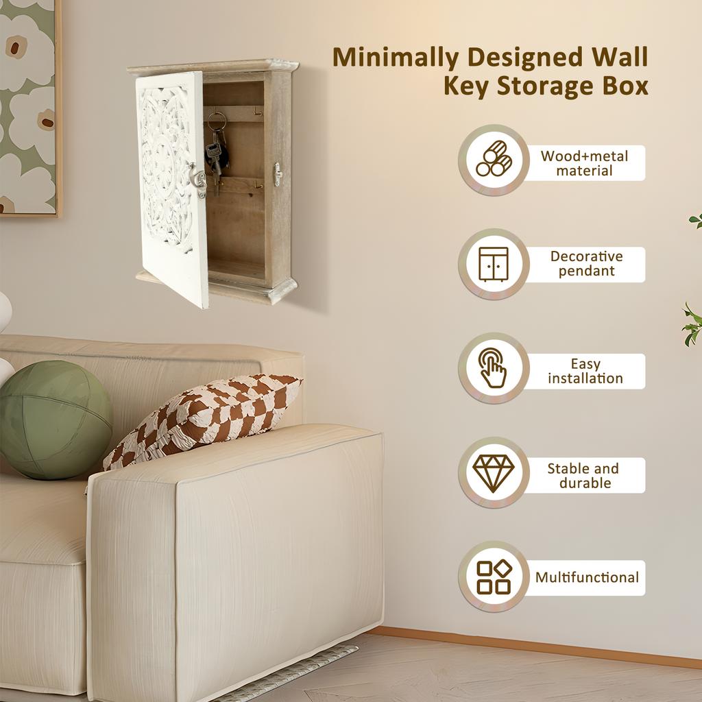 Decorative Wood Key Cabinet Vintage Key Holder Box Wall Mounted Wood Key Box Minimalist Wall Key Cabinet Box with 6 Key Hooks