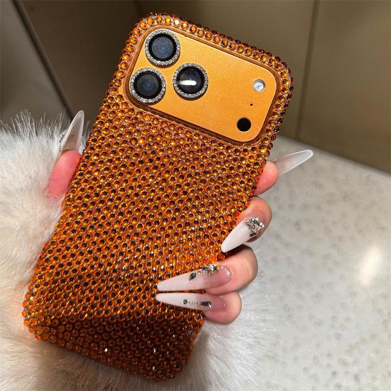 Popular Orange Glitter Rhinestone Bling Phone Case For iPhone 17 Pro Max Air 11 12 13 14 15 16 ProMax Shining Back Cover