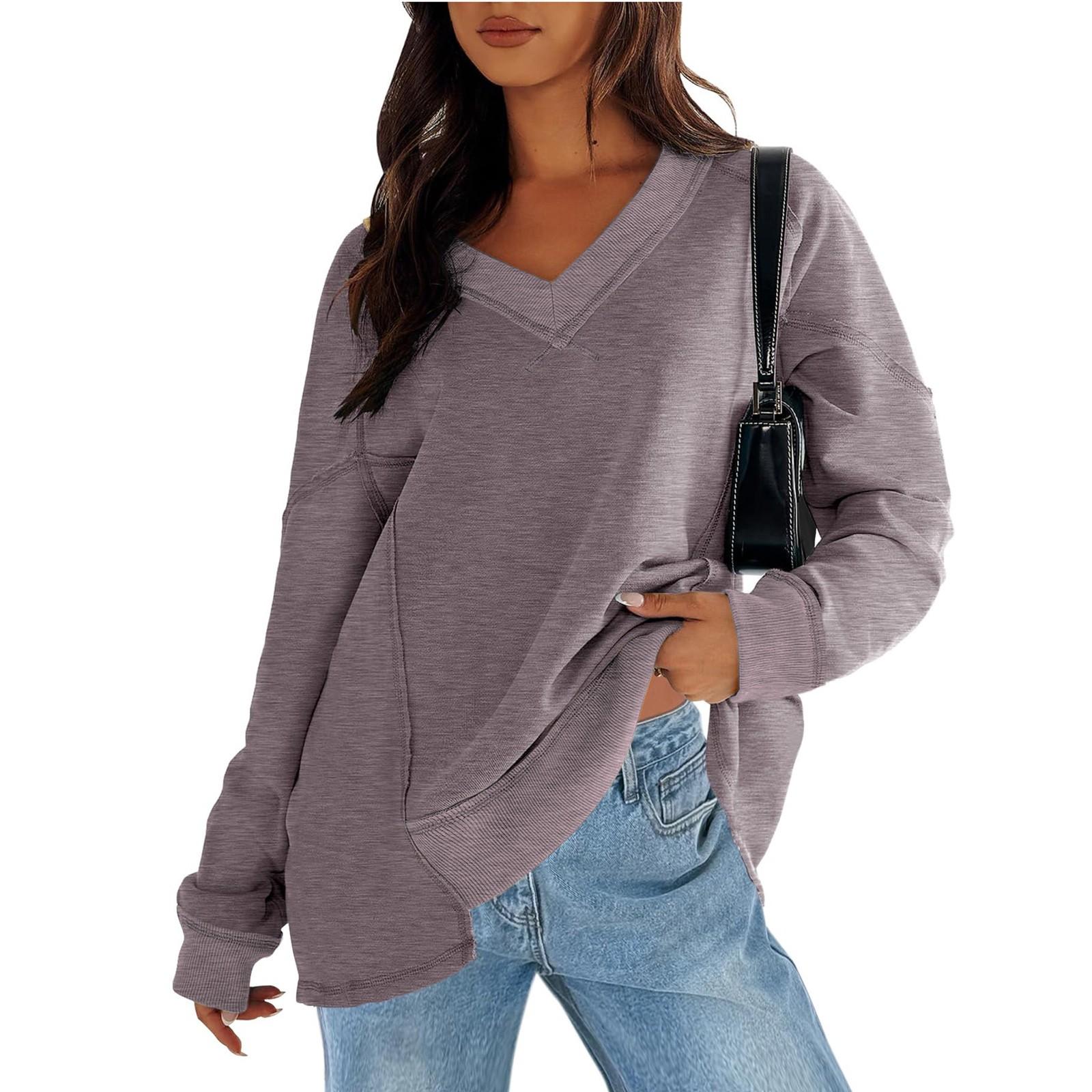 

Женская толстовка оверсайз, повседневный пуловер с v-образным вырезом и длинными рукавами, топы S серый