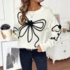Womens Winter Loose Knit Sweater With Bow Round Neck Long Sleeve Casual Comfortable Top