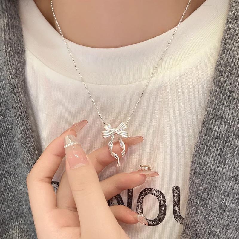 Korean Version S925 Silver Geometric Smart Ribbon Double-layer Bow Necklace Minimalist Round Bead Collarbone Chain