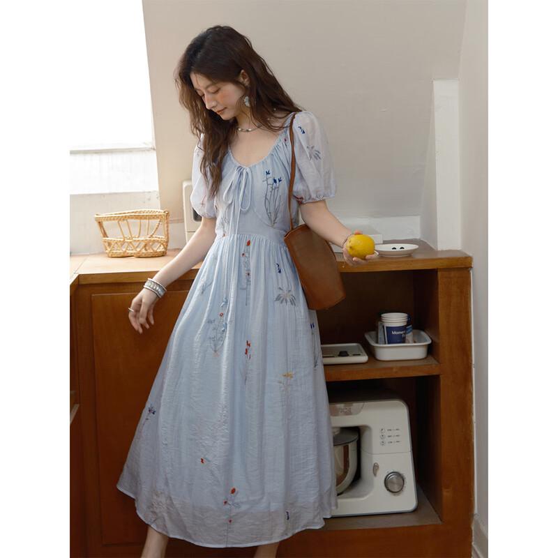French Style Plant Embroidery Lyocell Maxi Dress S