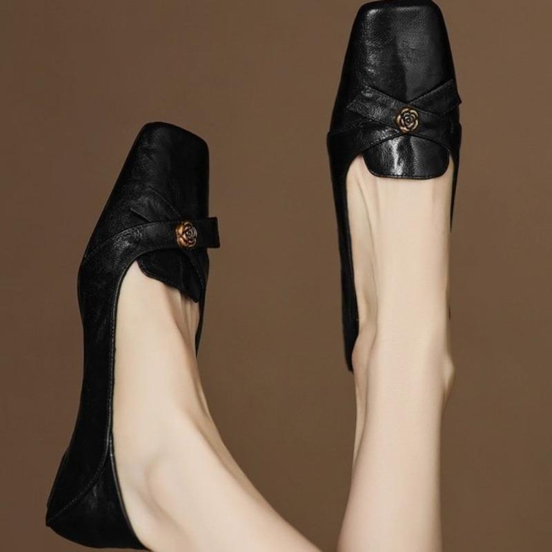 Cowhide version, genuine leather retro bow, one pedal, shallow mouth single shoes, women's camellia commuting small leather shoes