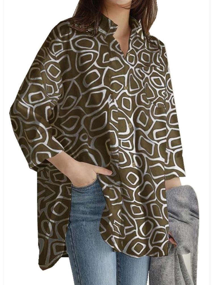 Europäische Amerikanische Bürodamen 2024 Frühling Mode Langarm Bedruckte Revers-Tops