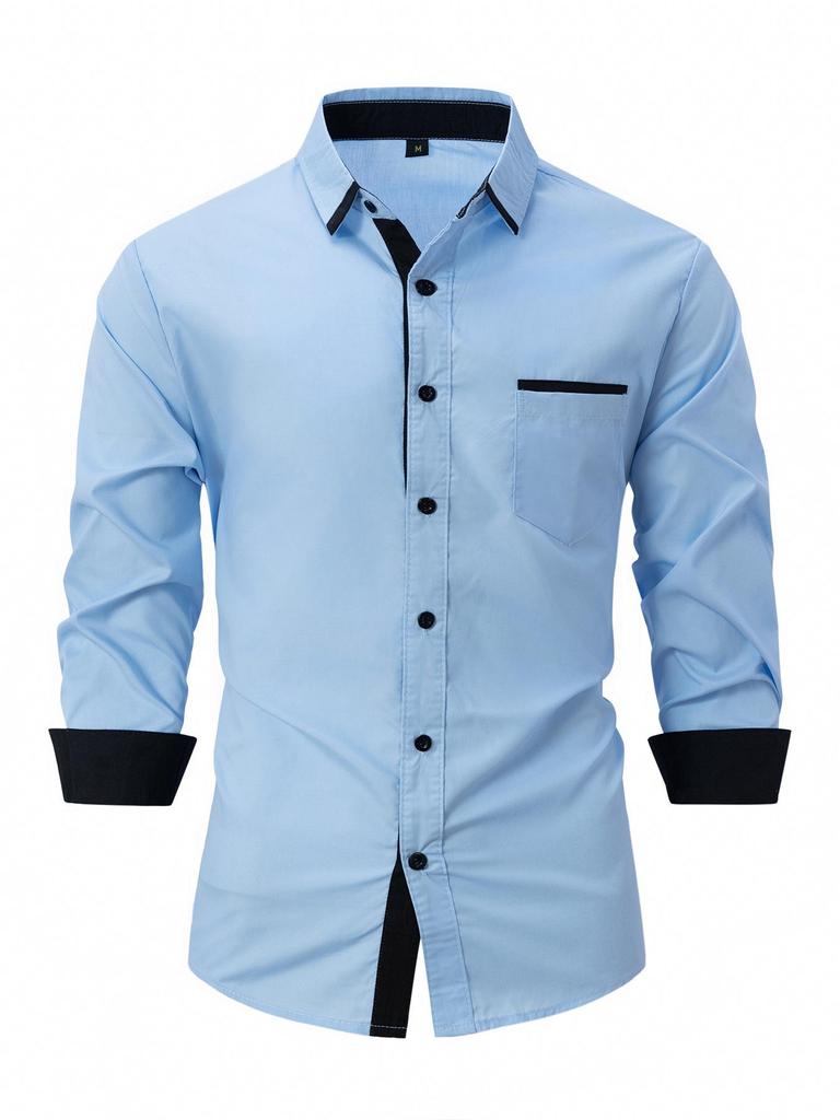 Men's Color Block Slim Fit Cotton Shirt - Long Sleeve, High-End Business Fashion
