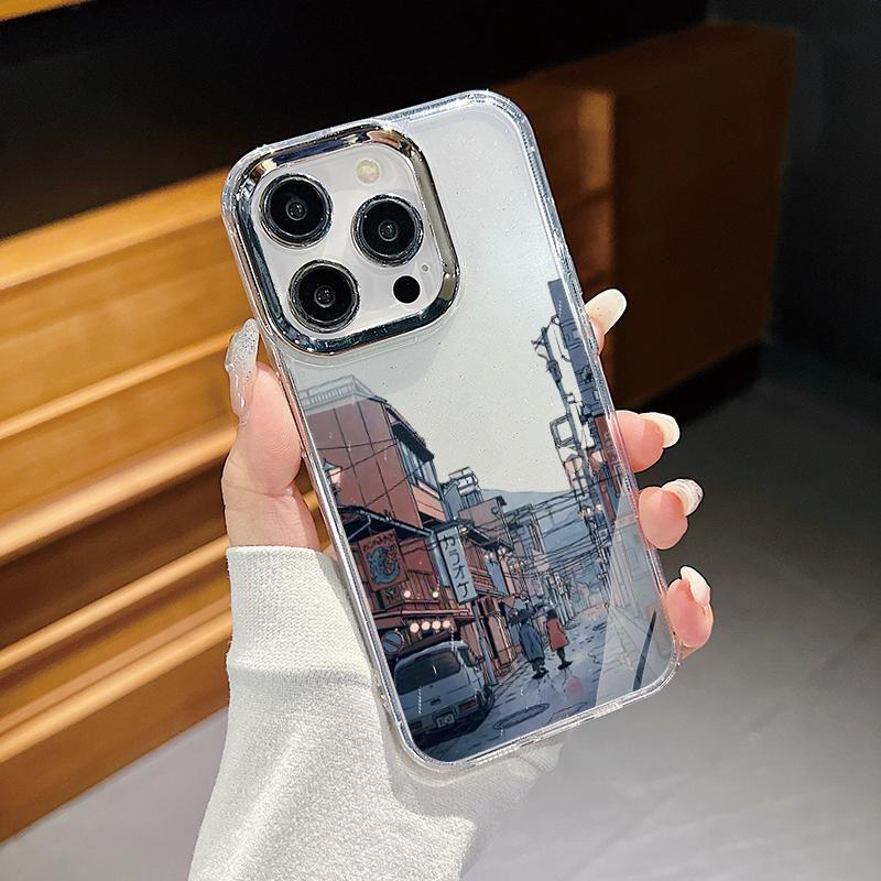 Cartoon Animation Scene Print Soft TPU Case For iPhone 17 16 Pro Max 15 Plus 14 13 Pro 12 11 16e 17e Plating Lens Frame Clear Shockproof Phone Cover