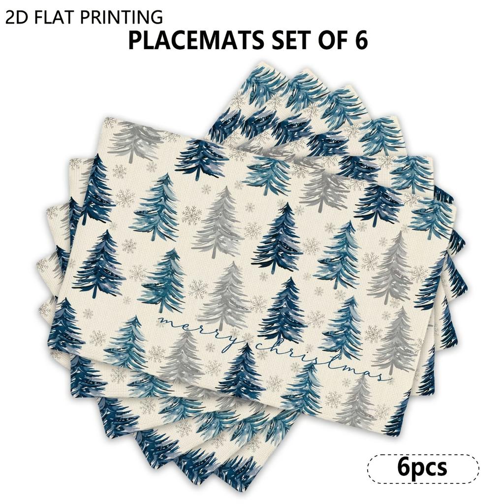 4pcs/6pcs, Christmas Blue Watercolor Pine Table Mats, Home Kitchen Placemats, Suitable for Farmhouse Table Mats, Home Kitchen Decorations, Holiday Dec