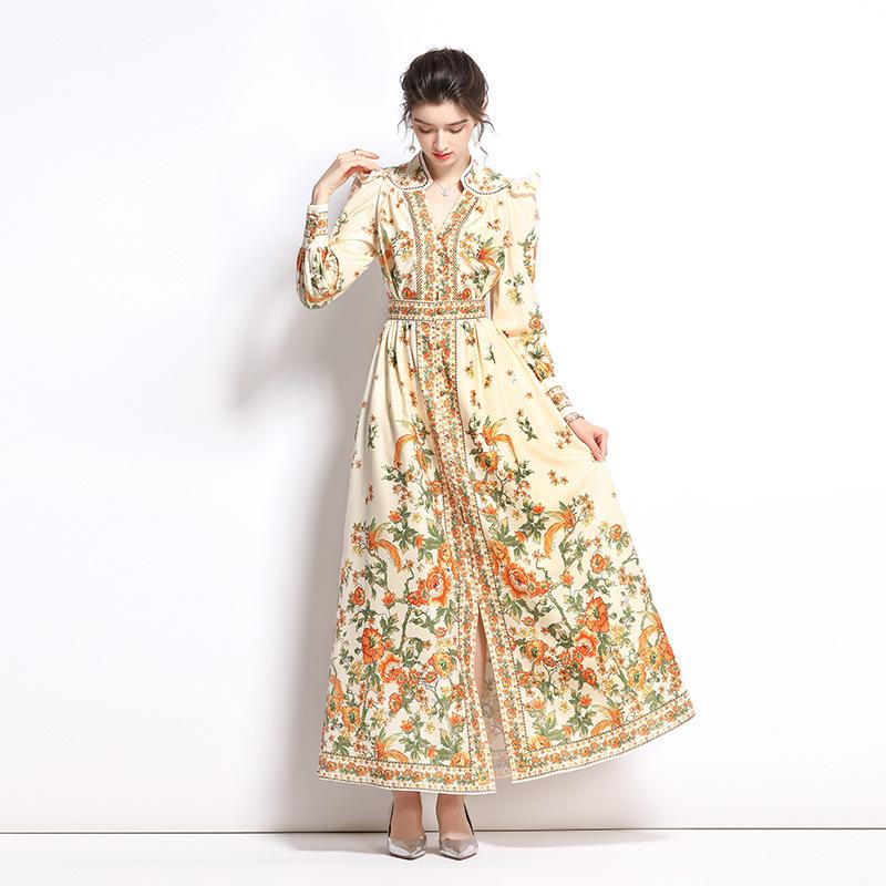 V-neck Dress Ethnic Style Printing Handmade Bag Buckle Embellishment Comfortable Breathable Long-sleeved Slim Autumn Long Skirt