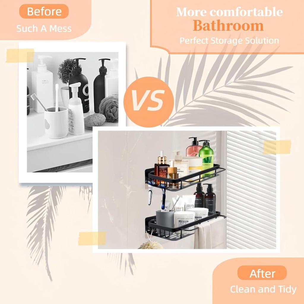 2 - Pack Aluminum Shower Caddy With 2 towel bars and 4 fixed hooks,No Drill Wall Mount Adhesive shower shelves for inside shower,Black Rustproof