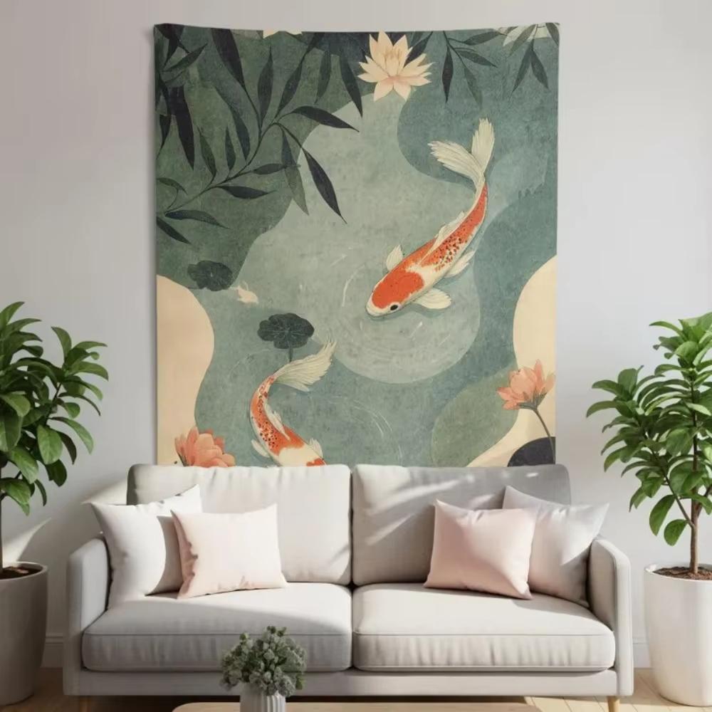 Zen Inspired Koi Fish Lotus Tapestry, Japanese Serene Wall Art For Bedroom Living Room Home Decor Accessories