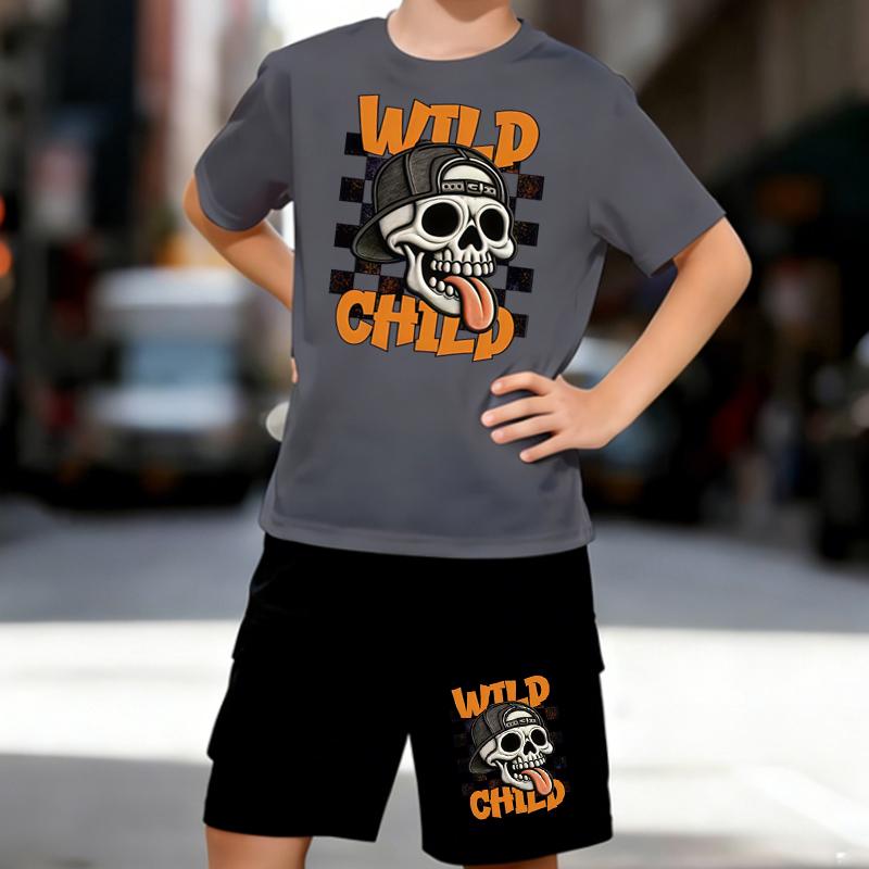 Boys 2 Piece American Street Trend Print Outfit, Short Sleeve T-Shirt and Shorts Set for Kids Age 5-14,Black and White Sporty Casual Summer Clothes