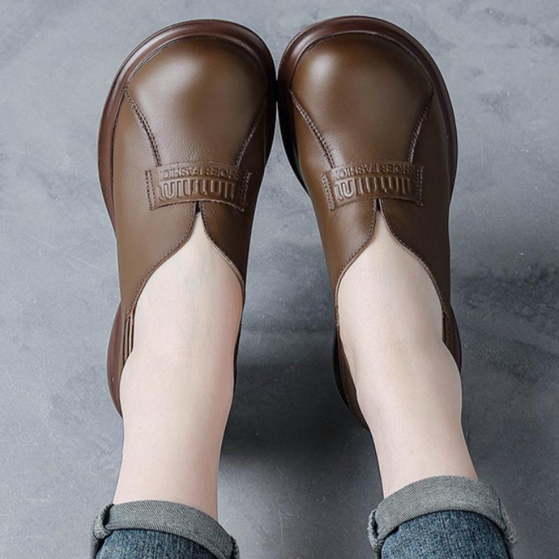 Round Head Wide Feet Women's Shoes Retro British Style Leather Shoes Thick Heel Single Shoes Genuine Leather Middle-aged Women's Shoes
