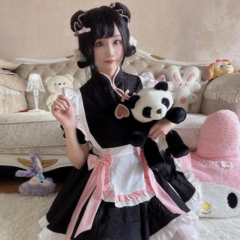 Chinese Style Maid Outfit Cosplay New Chinese Cheongsam Hollow Dress Cute Maid Uniform Set