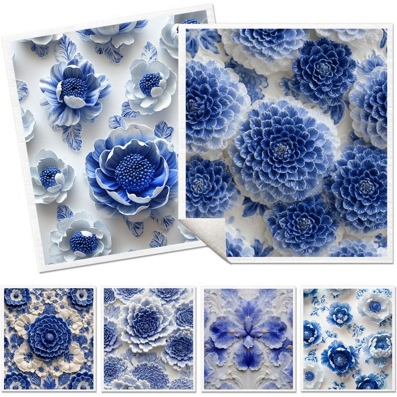 Cleaning Cloth Reusable Kitchen Dish Towels Eco-friendly Microfiber Blue and White Pattern Dishcloths Lint Free Washable Duster Rags Tea Towels