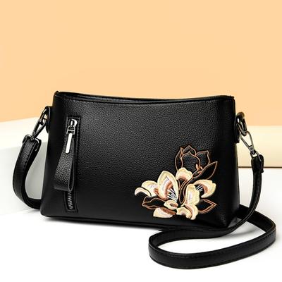 Elegant Floral Embroidered Leather Crossbody Bag for Women Small Shoulder Bag with Zipper Pocket Stylish Practical Design