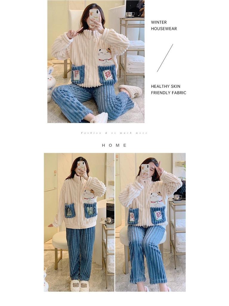 Cozy Coral Fleece Flannel Striped Loungewear for Plus Sizes (up To 220 Lbs) - Cute and Warm for Autumn and Winter