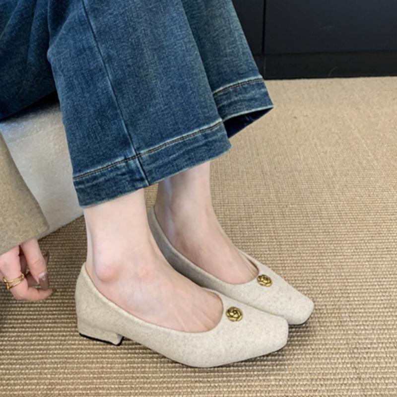 Spring New Low Heel Single Shoes Women's Fashion Square Head Shallow Mouth Suede Metal Buckle Non-slip Low Top Shoes