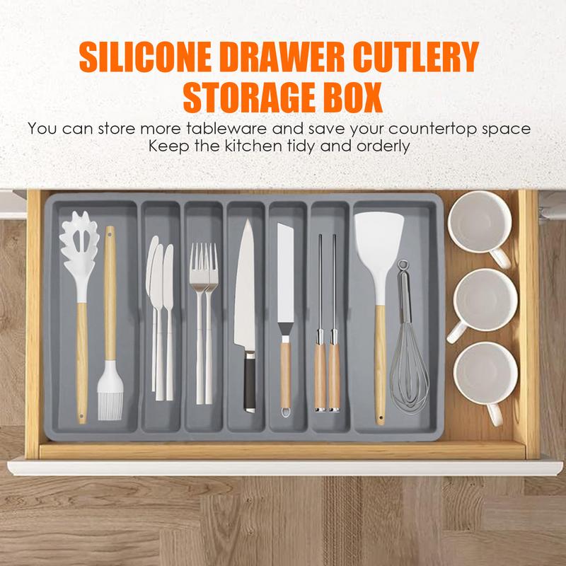 Cooking Utensil Drawer Organizer Multifunctional Silicone Cooking Utensil Rack 7-Compartment Gray Storage Box Drawer