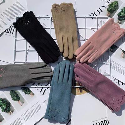 German Velvet Gloves Thermal Embroidery Finger Gloves Outdoor Riding Velvet Thickened Touch Screen Gloves Women