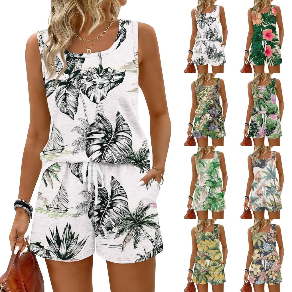 Women's Summer Casual Floral Print Tank Top Square Neck Sleeveless Athletic Shirt with Pockets and Matching Shorts Set