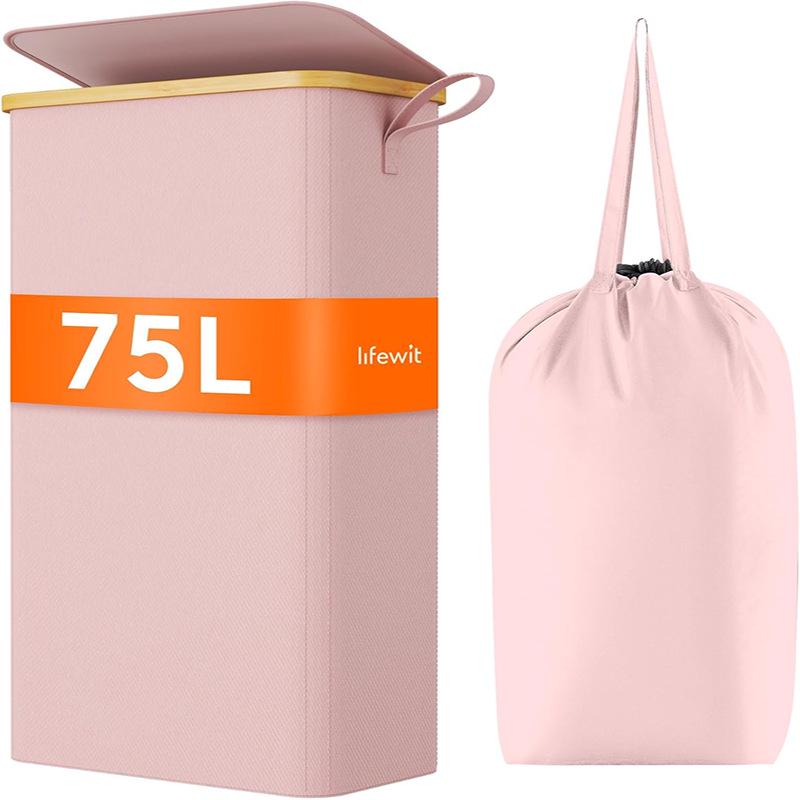 Foldable Bamboo Laundry Hamper with Lid and Inner Bag for Bedroom Storage.