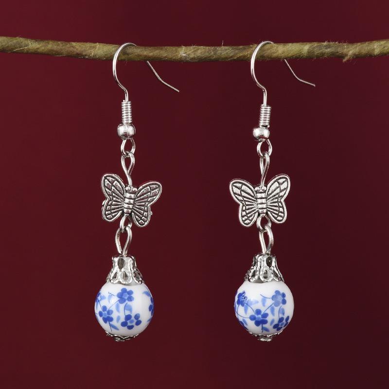 Blue and White Ceramic Fringed Hairpin Niche Design Step Hairpin Hairpin Women's Literary and Antique Earrings