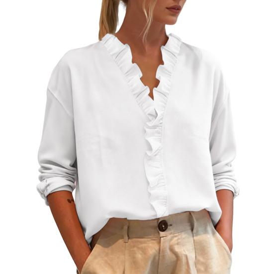 

Women Shirt V-Neck Ruffle Trim Long Sleeve Pullover Tops Regular Fit Basic Collar Solid Color Casual Tops Daily Wear S
