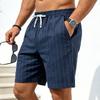 Mens Striped Linen Drawstring Beach Shorts Summer Casual