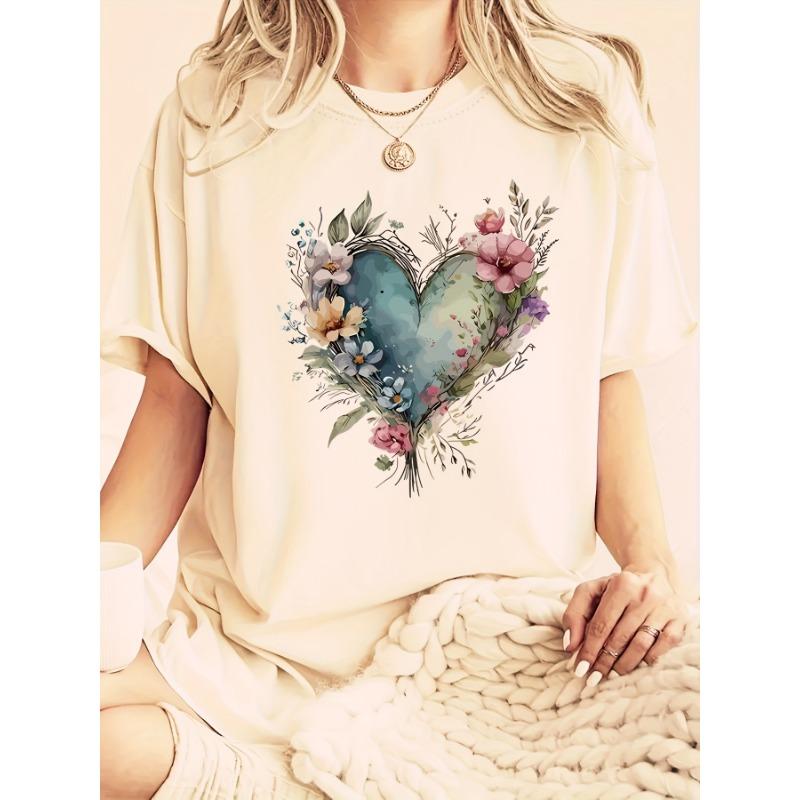 Short Sleeve Love Flower Large Size Round Neck Fashion T-Shirt