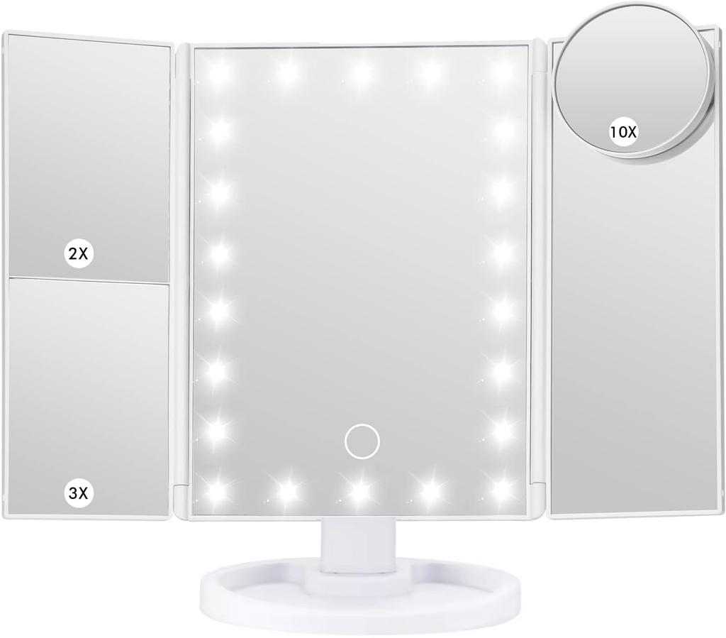 LED Vanity Makeup Mirror with Touch Control, Adjustable Lighting 1X, 2X, 3X Magnification, Trifold Design Ideal Gift for Women