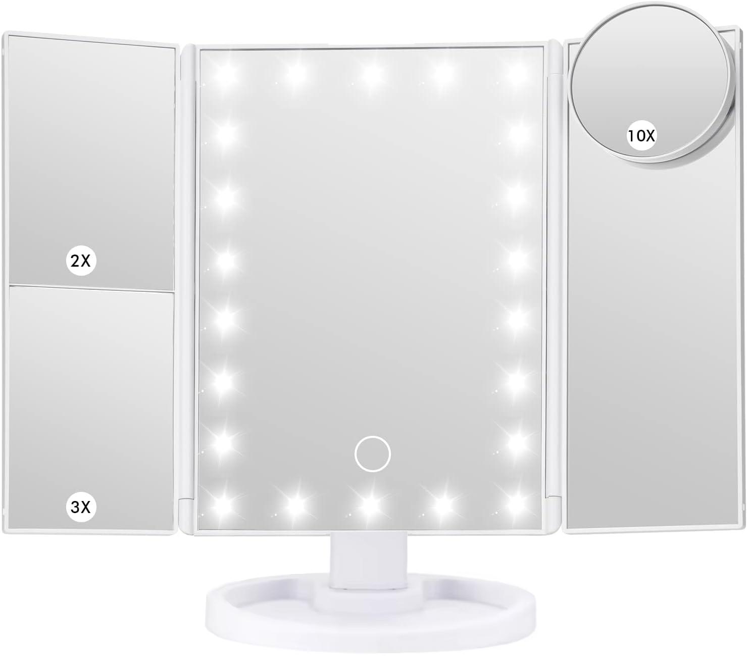 

LED Vanity Makeup Mirror with Touch Control, Adjustable Lighting 1X, 2X, 3X Magnification, Trifold Design Ideal Gift for Women