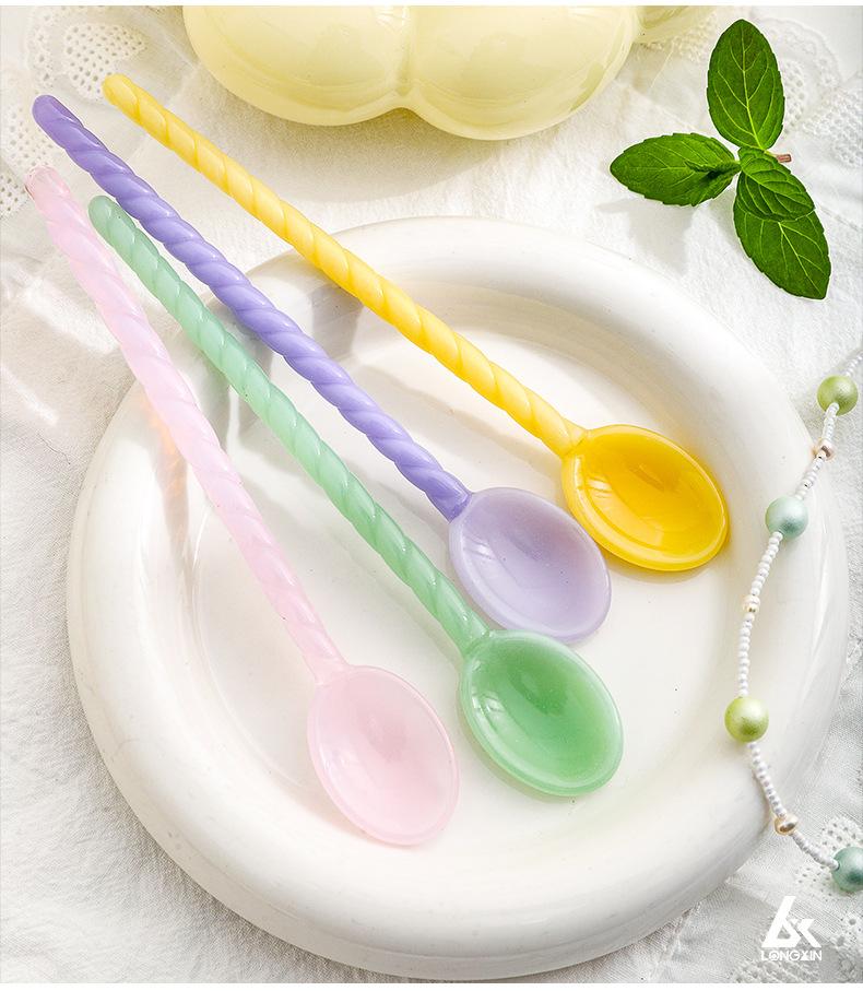 

Colorful Glass Jade Spoon Set, 4-Piece Heat-Resistant Borosilicate Glass Spoons with Pink Flower Gift Box, Long Handle Round Sti S