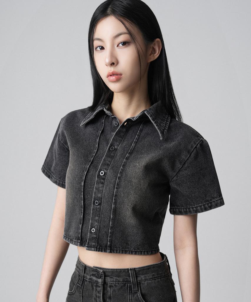 AVANDRESS Pintuck Chic Denim Shirt Black