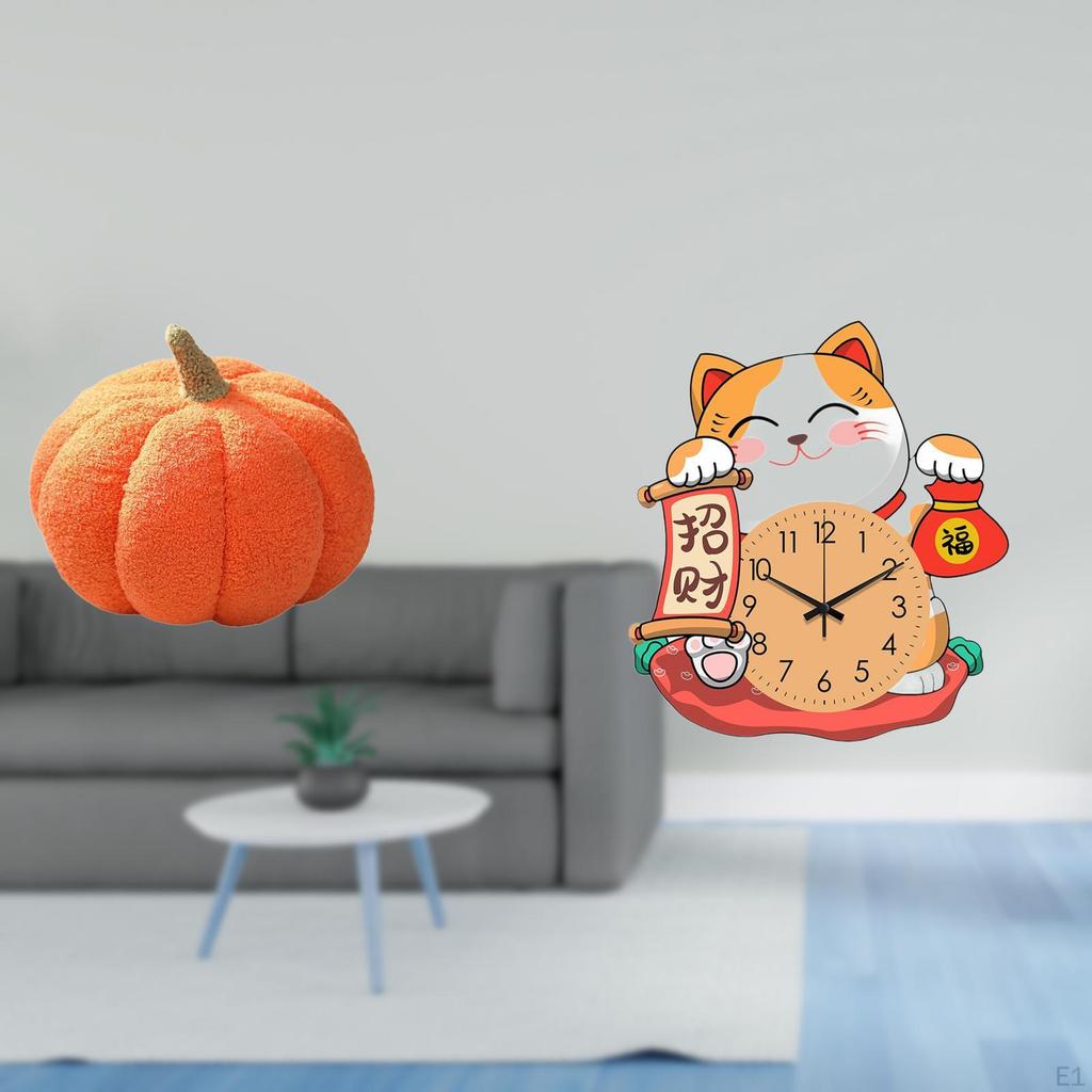 Enchanting Pumpkin Cat Clock Pillow for Kids Bedroom Sofa Decor Silent Wall Hanging Cushion