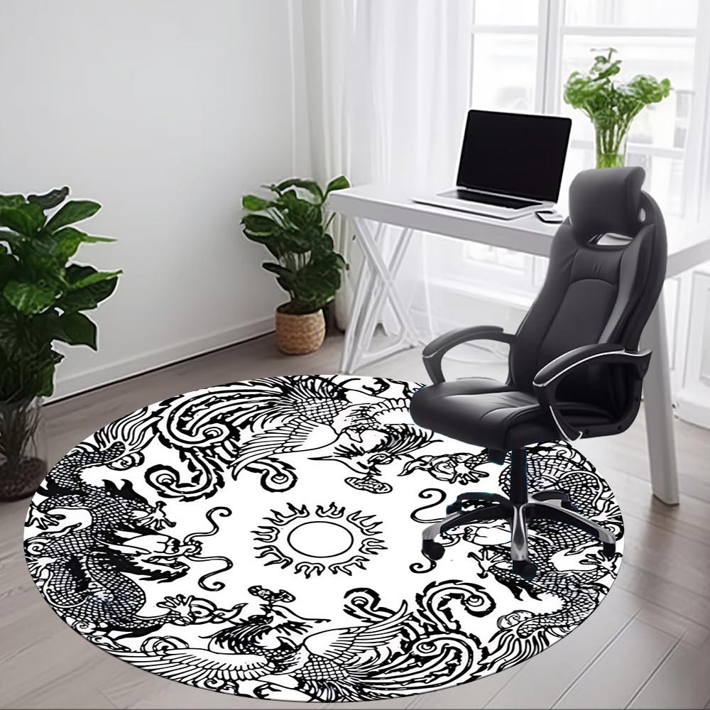 1pc Dragon Phoenix Circle Chair Carpet for Office, Round Non Slip Durable Large Size Office Carpet, Suitable for Office