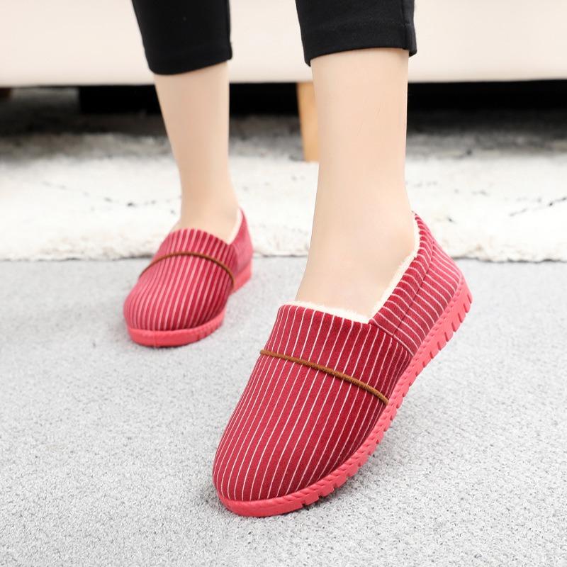 New striped round head low top, comfortable to wear outside, winter velvet soft sole flat heel casual warm women's cotton shoes