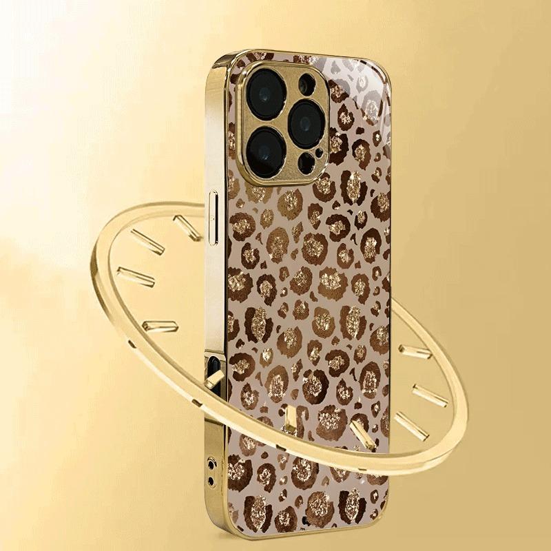 Luxury Leopard Print Gold Metallic Paint Glass Phone Case For iPhone 17 16 15 14 13 12 11 Pro Max 14 15 Plus 17 Air 16E Cover