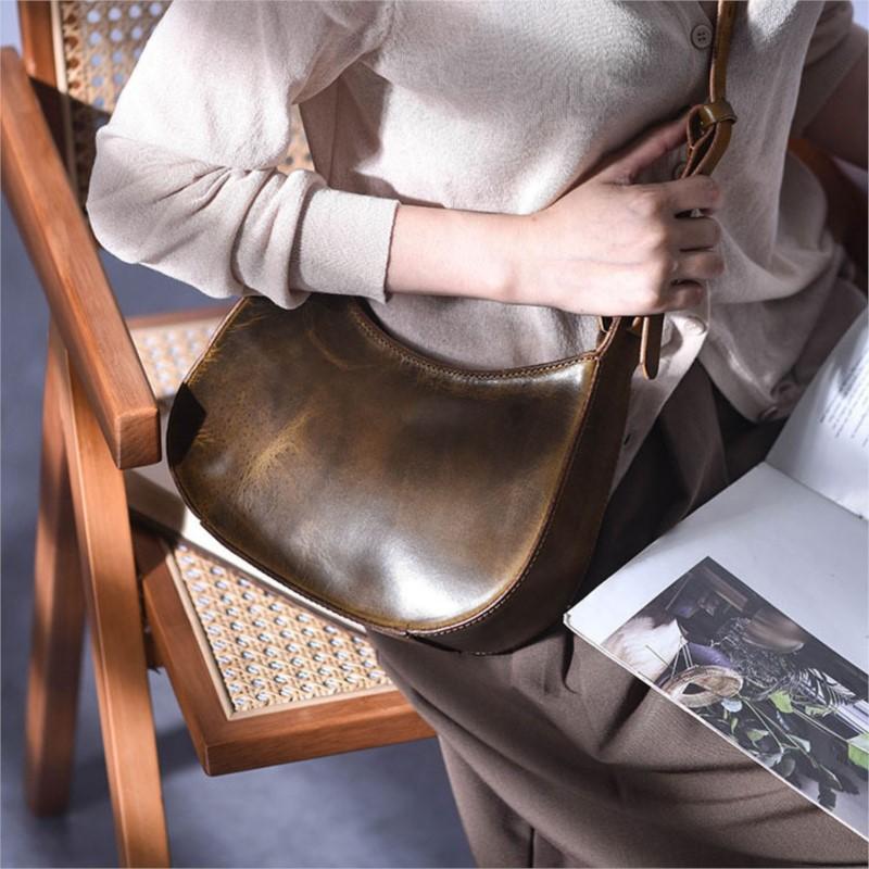 Johnature Vintage ručně vyráběná taška na sedlo z pravé kůže Módní taška do podpaží Univerzální dámské kabelky přes rameno a crossbody