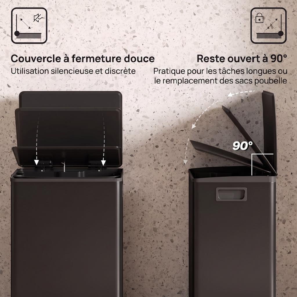 Kitchen Trash Can 50 Liters Pedal Bin Stainless Steel Black