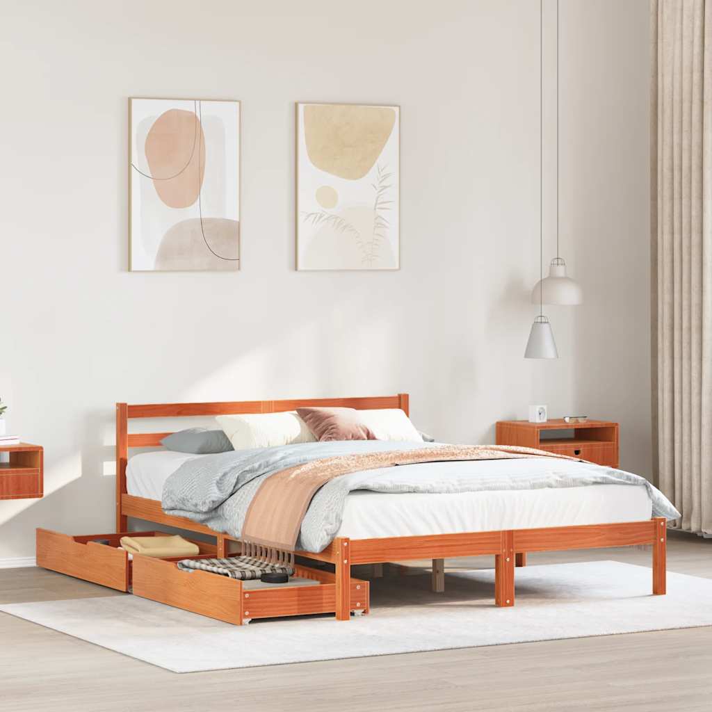 Solid Wood Bed Without Mattress Wax Brown 150 X 200 Cm Pine Wood
