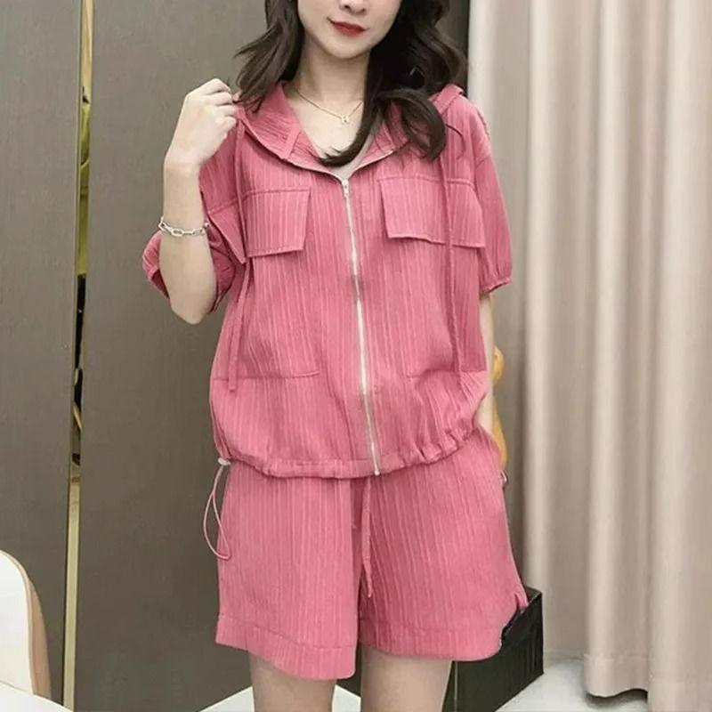 Large Size Sports Suit Women s Summer Fat Mm Fashion Loose Hooded Comfortable Casual Shorts Two-piece Suit S розовый