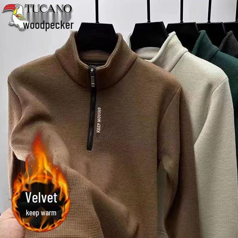 Men's Fleece-Lined Woodpecker Half-Zip Sweatshirt - Winter Casual Long-Sleeve Base Layer