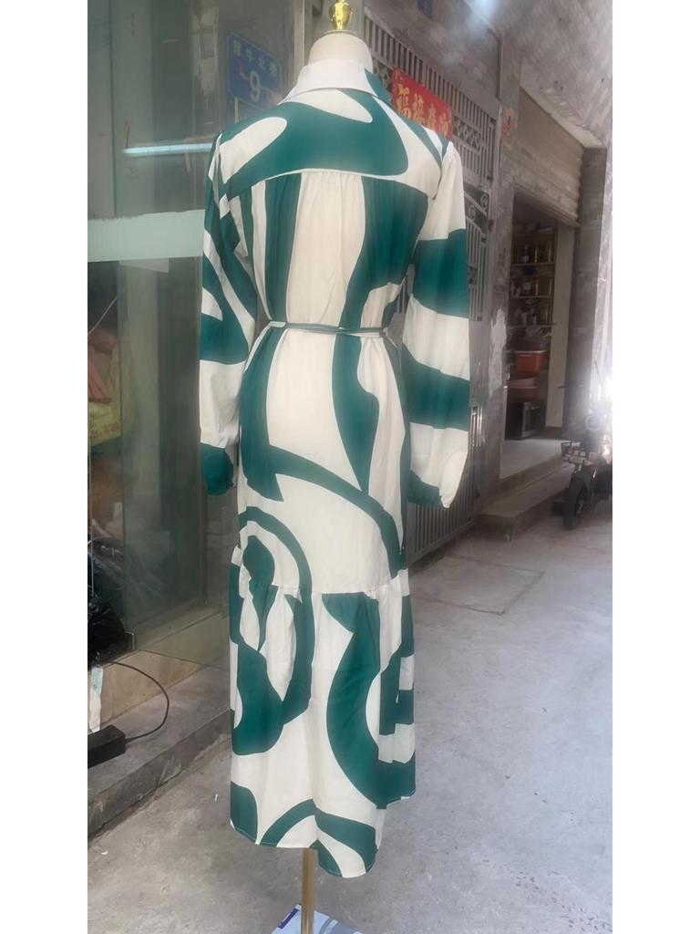 2025 European & American Spring/Autumn Fashion Print Long Shirt Dress with Tie-Up and Pockets