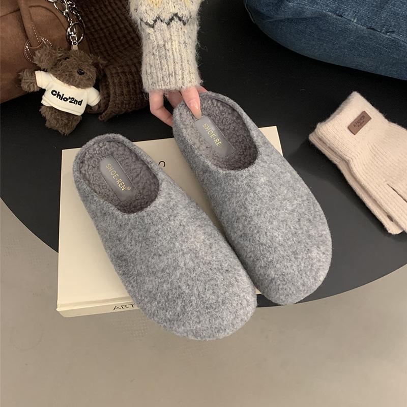 Grey Woolen Retro Inner Height Increase 4cm Boken Shoes Women's Thick-soled Small Potatoes Plush Warm Bag Head Fluffy Slippers