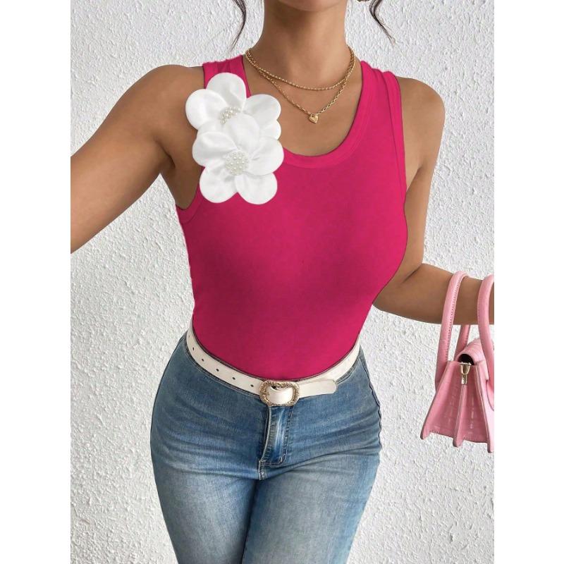 Damen Europäischer Stil 3D Blumen Dekoration Einfarbig Ärmellos Crop Tanktop