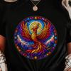 Stained Glass Phoenix Shirt | Rebirth Fire Bird Graphic Tee | Colorful Fantasy Art T-Shirt