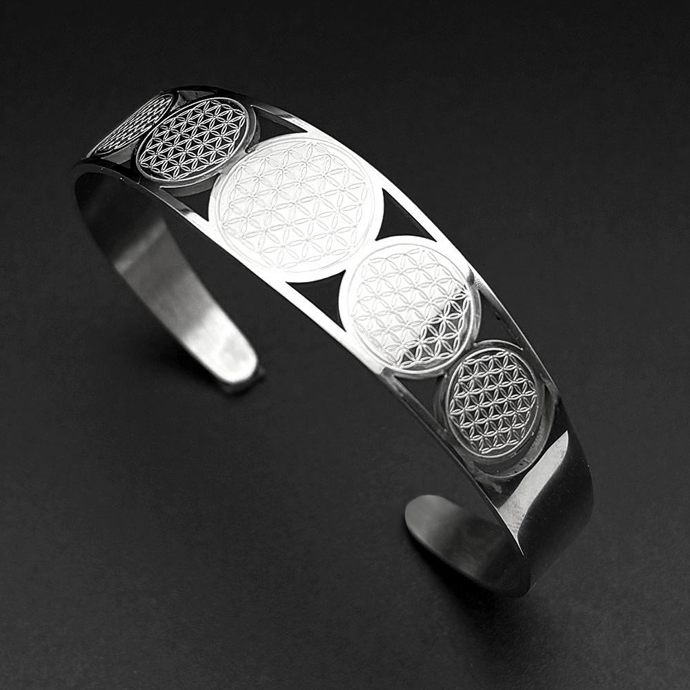 Stainless Steel Flower of Life Open Cuff Bangle for Women Men Gold Color Egyptian Sacred Geometry Adjustable Bracelet Jewelry