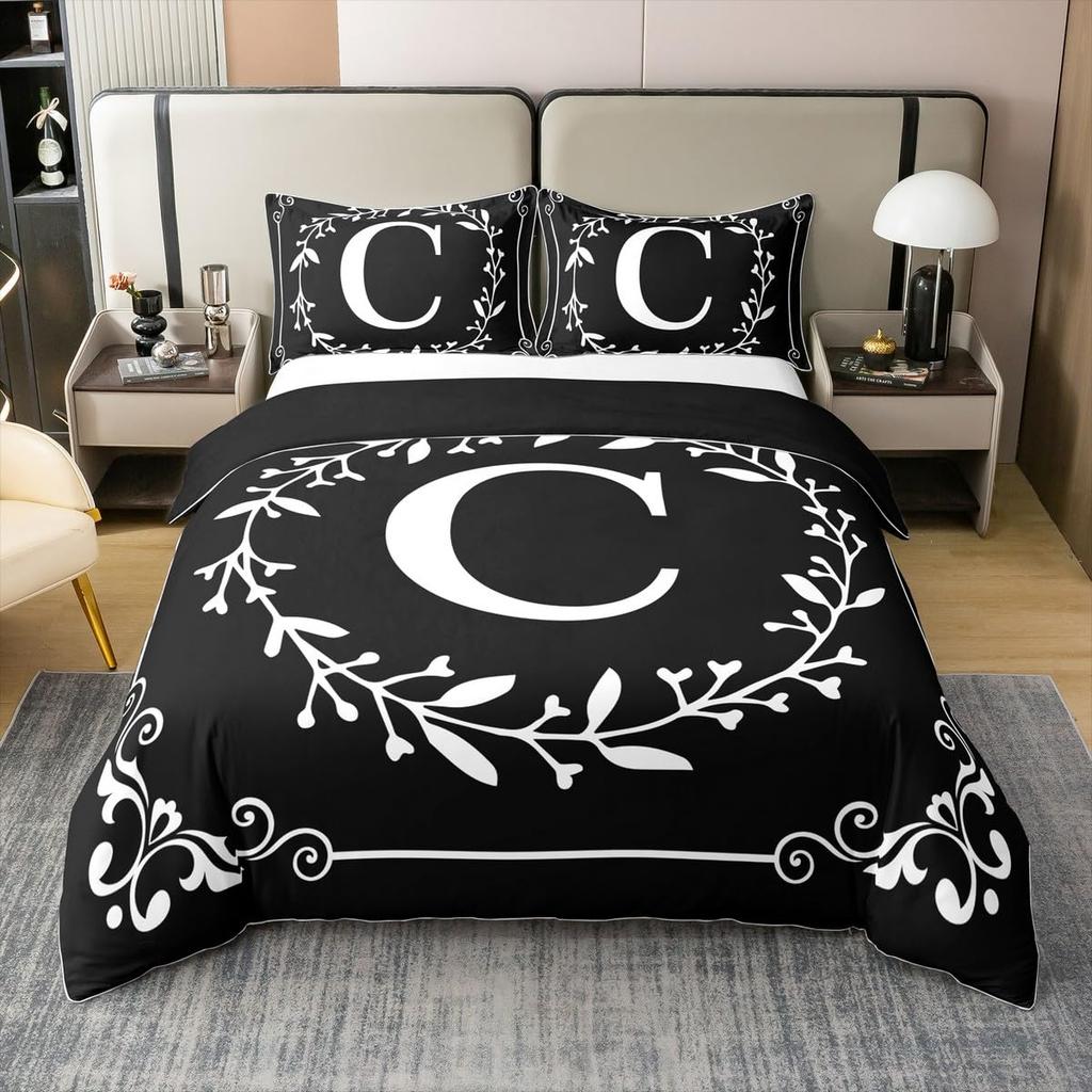 Initial Letter Z Twin Queen Duvet Cover Black And White Bedding Set Boho Floral Leaves Comforter Cover Gifts For Adult Girls