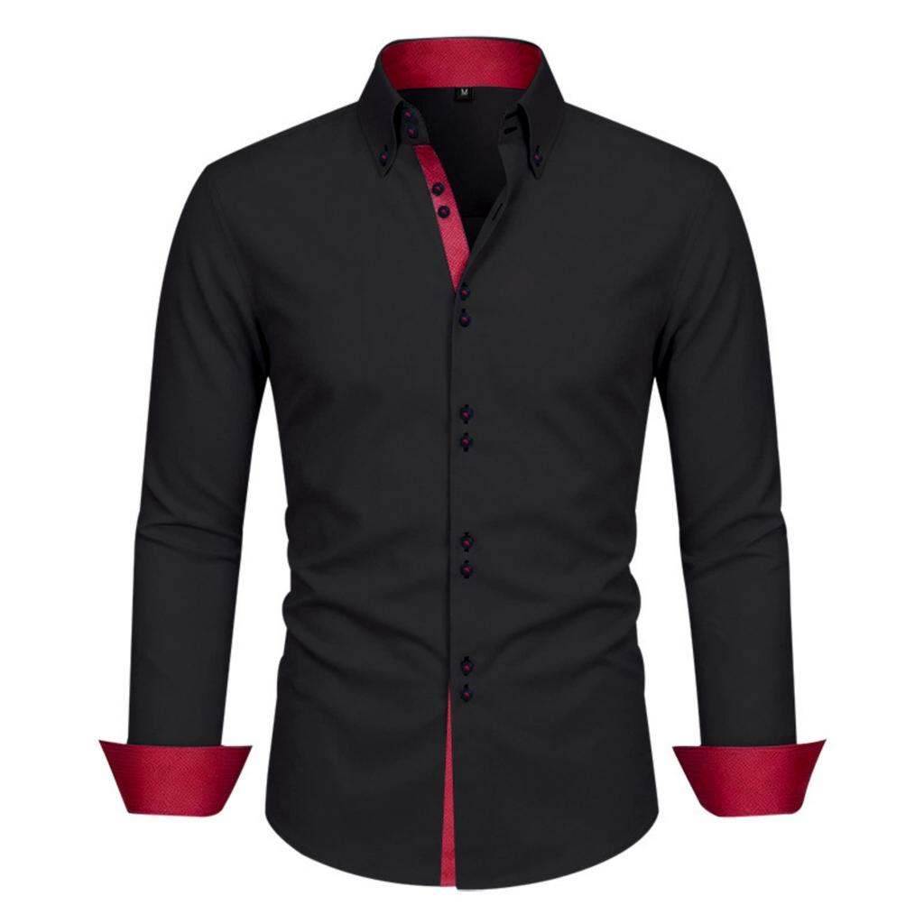 Men's Casual Business Long Sleeve Shirt Stretch Breathable Double Button Collar Slim Fit Dress Shirt for Office Work or Formal Occasions